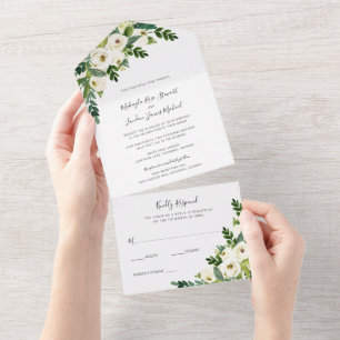 Elegante bloemige witte rozen groen Huwelijk All In One Uitnodiging