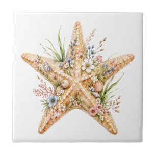 Elegante bloemige zeester kust strand kunst decora tegeltje