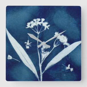 Elegante Bloemige Zijdeplant Cyanotype Vierkante Klok