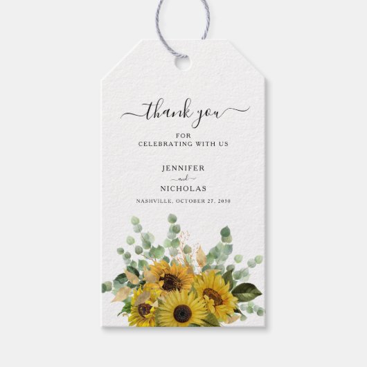 Elegante bloemige zonnebloemen bruiloft cadeaulabel (Voorkant)