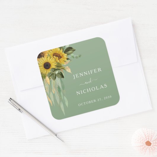 Elegante bloemige zonnebloemen bruiloft vierkante sticker (Envelop)
