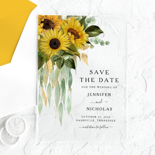 Elegante bloemige zonnebloemen Save The Date Acryl Uitnodigingen