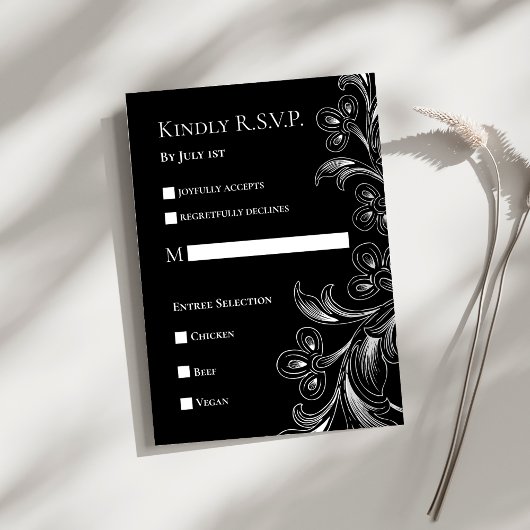 Elegante bloemige zwart-wit RSVP kaart