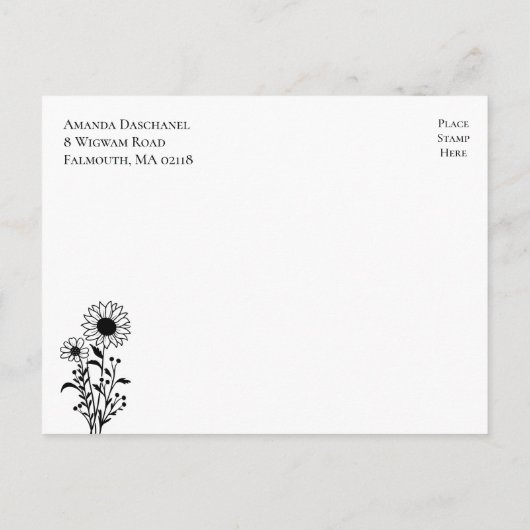 Elegante bloemige zwarte witte huwelijksaankondigi briefkaart (Achterkant)