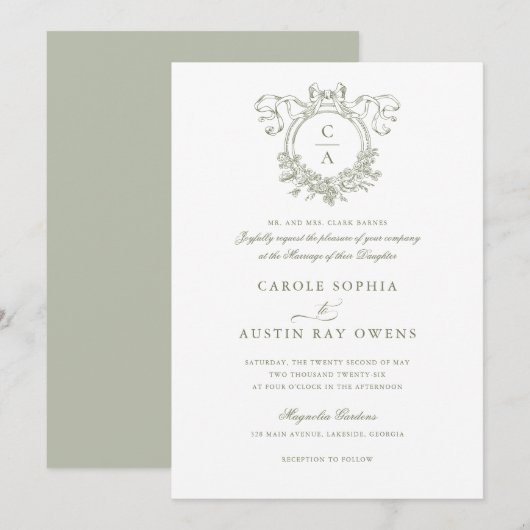 Elegante Bloemkam Bow Ribbon Wedding Kaart (Voorkant / Achterkant)