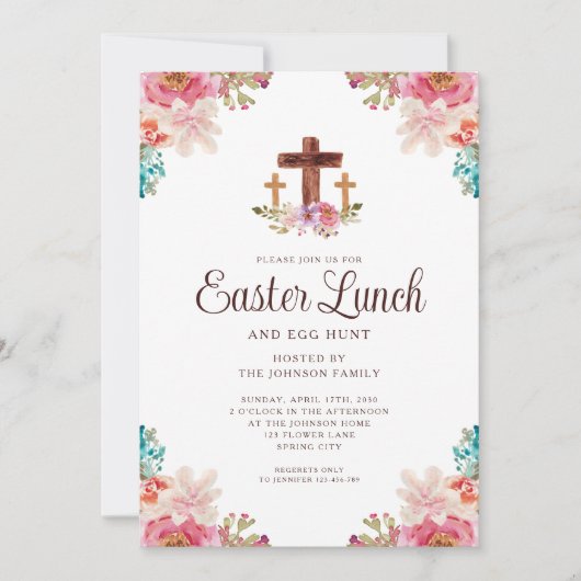 Elegante Bloemkruis Pasen Lunch Kaart (Voorkant)