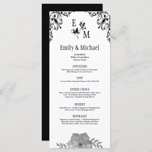 Elegante Bloemmonogram bruiloft Menu (Voorkant / Achterkant)