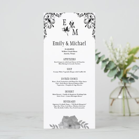 Elegante Bloemmonogram  bruiloft Menu (Staand voorkant)
