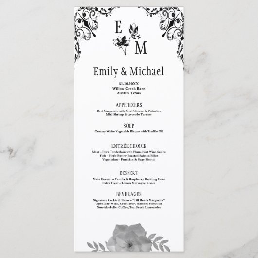 Elegante Bloemmonogram  bruiloft Menu (Voorkant)