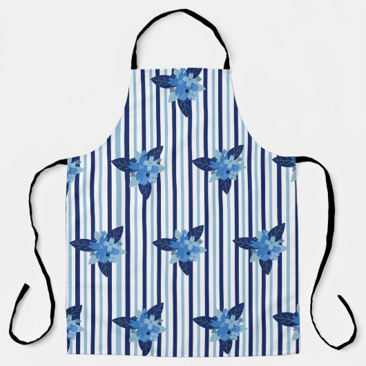 Elegante bloemmotief strepen monochromatisch blauw schort (Voorkant)