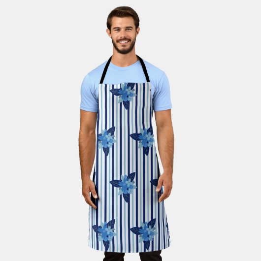 Elegante bloemmotief strepen monochromatisch blauw schort (Gedragen)