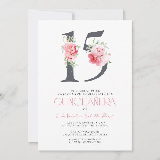 Elegante bloemnummer 15 roze QR Quinceañera Kaart (Voorkant)