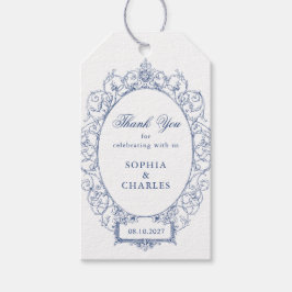 Elegante bloemornamentlijst trouw- koningsblauw cadeaulabel