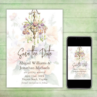 Elegante bloemperzik, Paarse, salie groene bruilof Save The Date