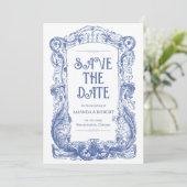 Elegante Bloemrijke Barok Blauwe Kolom Bruiloft Save The Date (Staand voorkant)