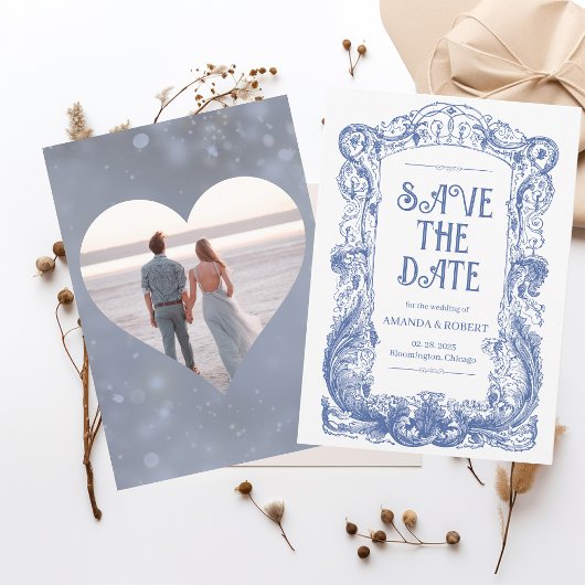 Elegante Bloemrijke Barok Blauwe Kolom Bruiloft Save The Date