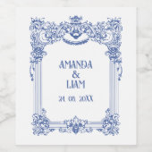 Elegante bloemrijke barokke blauwe kolom bruiloft wijn etiket (Enkel label)