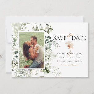 Elegante Bloemrijke Boho Groene Huwelijksfoto Save The Date