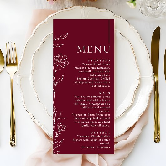 Elegante Bloemrijke Bordeaux Kleur Formal Huwelijk Menu