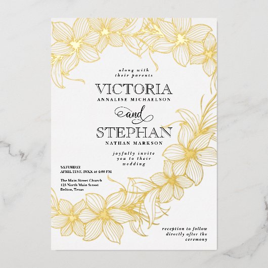 Elegante Bloemrijke Botanische Lente Bruiloft Folie Uitnodiging (Voorkant)