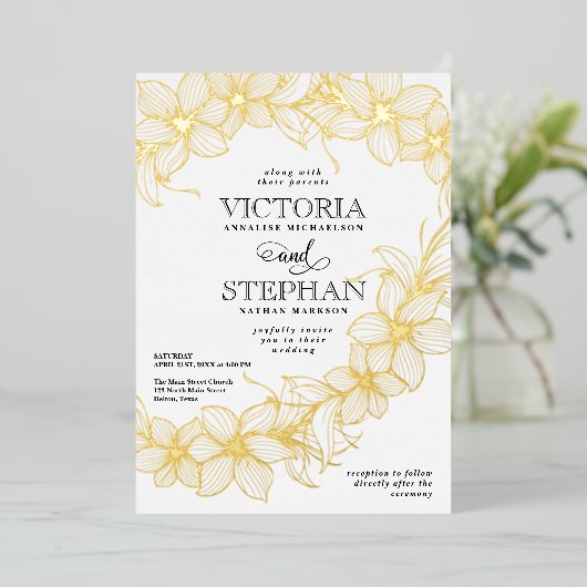 Elegante Bloemrijke Botanische Lente Bruiloft Folie Uitnodiging (Staand Voorkant)