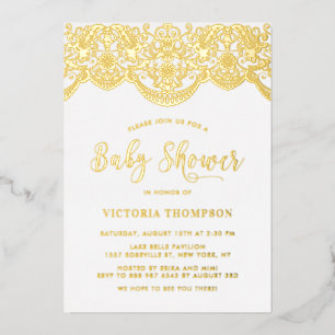 Elegante bloemrijke brokaat kant baby shower folie uitnodiging