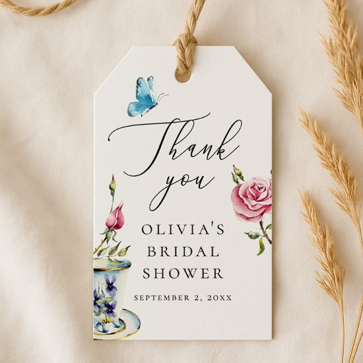 Elegante Bloemrijke Bruidsdouche | Roze Roos Dank  Cadeaulabel