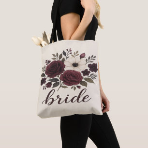 Elegante Bloemrijke Burgundy Bruid Tote Bag