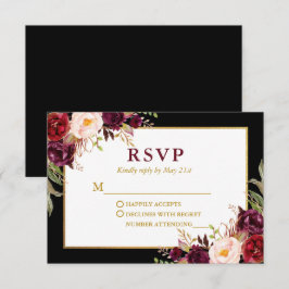Elegante Bloemrijke Burgundy Zwarte Gouden Bruilof RSVP Kaartje