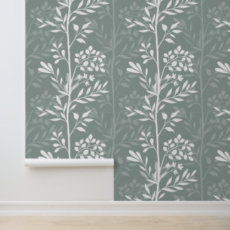 Elegante Bloemrijke Diep Saliegroene Minimal Behang