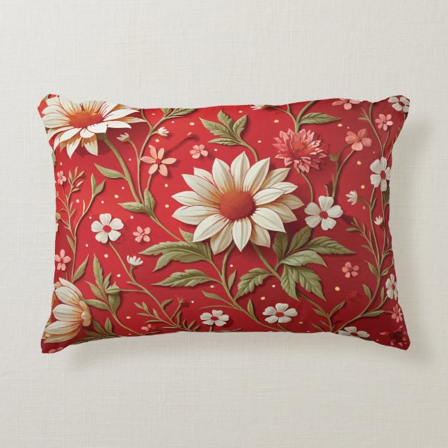 Elegante Bloemrijke Felrode Margriet Accent Kussen (Voorkant)