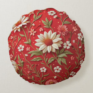 Elegante Bloemrijke Felrode Margriet Rond Kussen