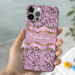 Elegante bloemrijke glinsterende paarse roze goude iPhone 15 case