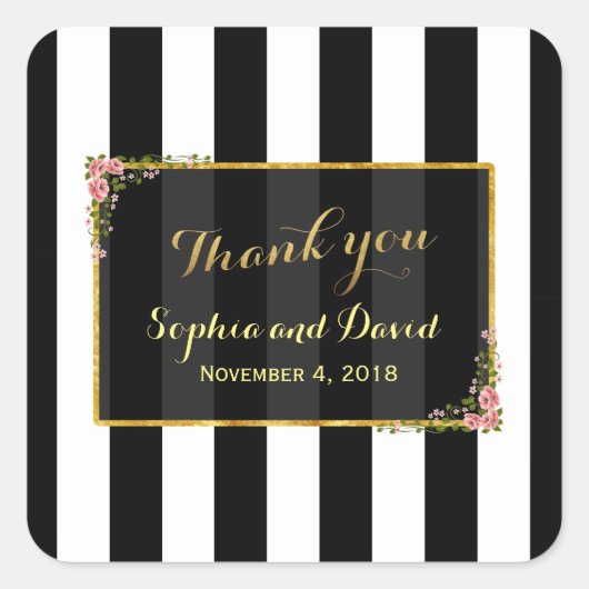 Elegante bloemrijke gouden folie trouwkaart aangep vierkante sticker (Voorkant)