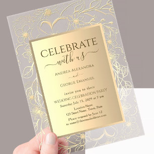 Elegante Bloemrijke Gouden Huwelijksreceptie Acryl Uitnodigingen