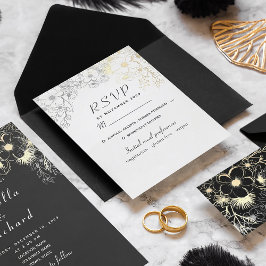 Elegante bloemrijke gouden zwarte en witte trouwda RSVP kaartje