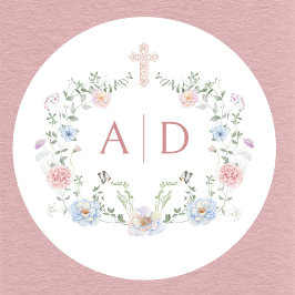 Elegante bloemrijke kader religieuze huwelijksmono ronde sticker