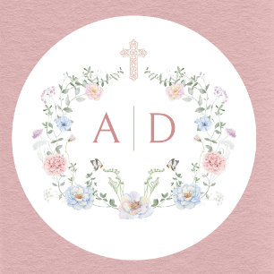 Elegante bloemrijke kader religieuze huwelijksmono ronde sticker