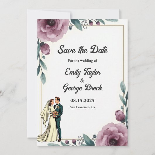 Elegante bloemrijke lijst bruid en bruidegom boho  save the date (Voorkant)