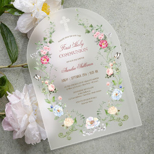 Elegante bloemrijke lijst Eerste Heilige Communie Acryl Uitnodigingen