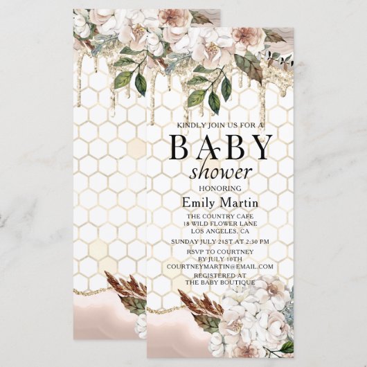Elegante bloemrijke marmeren babyshower (Voorkant / Achterkant)
