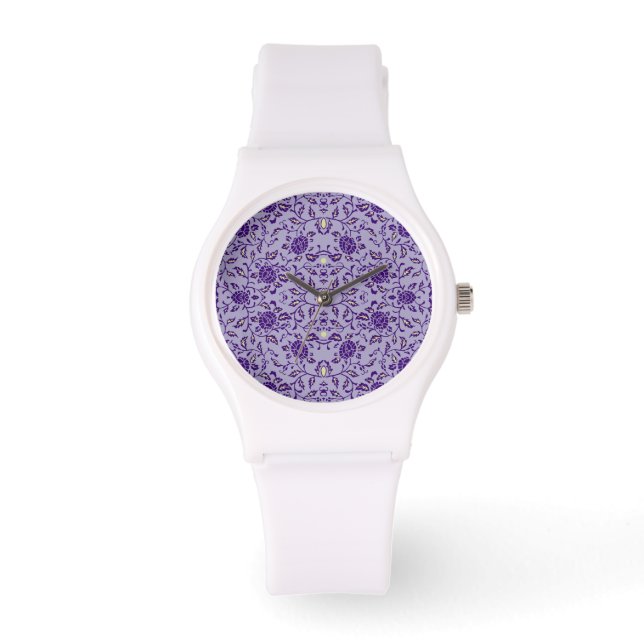 Elegante Bloemrijke Paarse Damast Horloge (Voorkant)