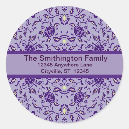 Elegante Bloemrijke Paarse Damast Ronde Sticker (Voorkant)