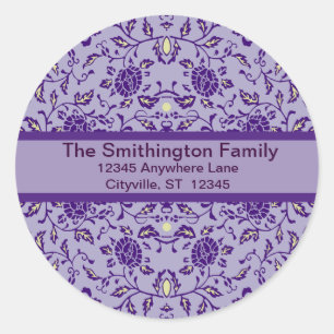Elegante Bloemrijke Paarse Damast Ronde Sticker
