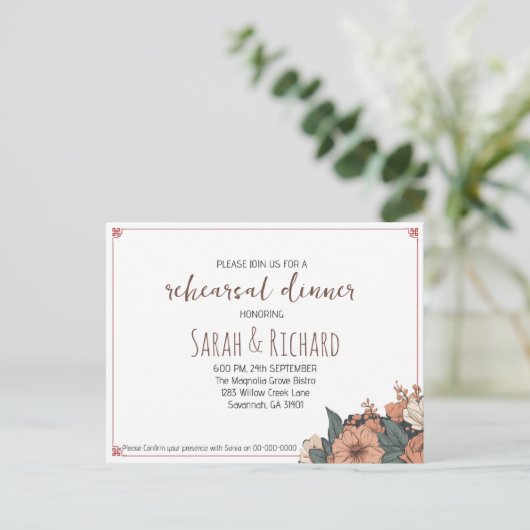 Elegante bloemrijke repetitiediner uitnodiging (Staand voorkant)