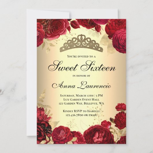 Elegante bloemrijke rode en gouden Sweet Sixteen Kaart (Voorkant)