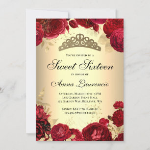 Elegante bloemrijke rode en gouden Sweet Sixteen Kaart