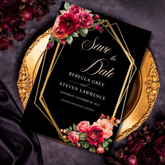 Elegante bloemrijke rode zwarte romantische droom  save the date