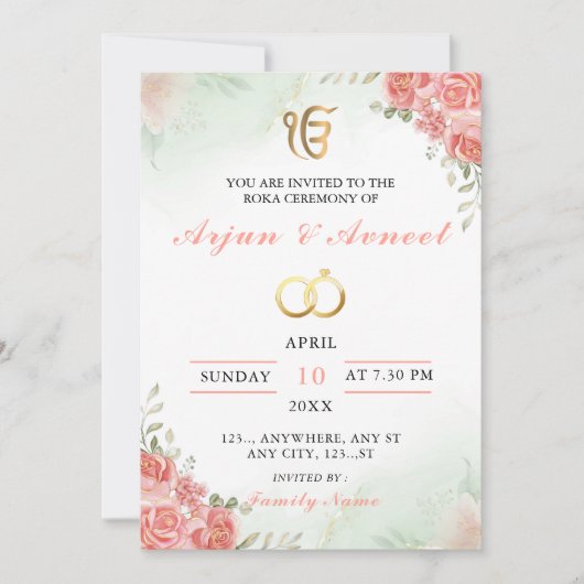 Elegante Bloemrijke Roka Ceremonie Uitnodigingskaa Kaart (Voorkant)