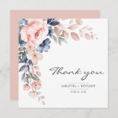 Elegante bloemrijke roze blauwe waterverf bruiloft bedankkaart (Voorkant / Achterkant)
